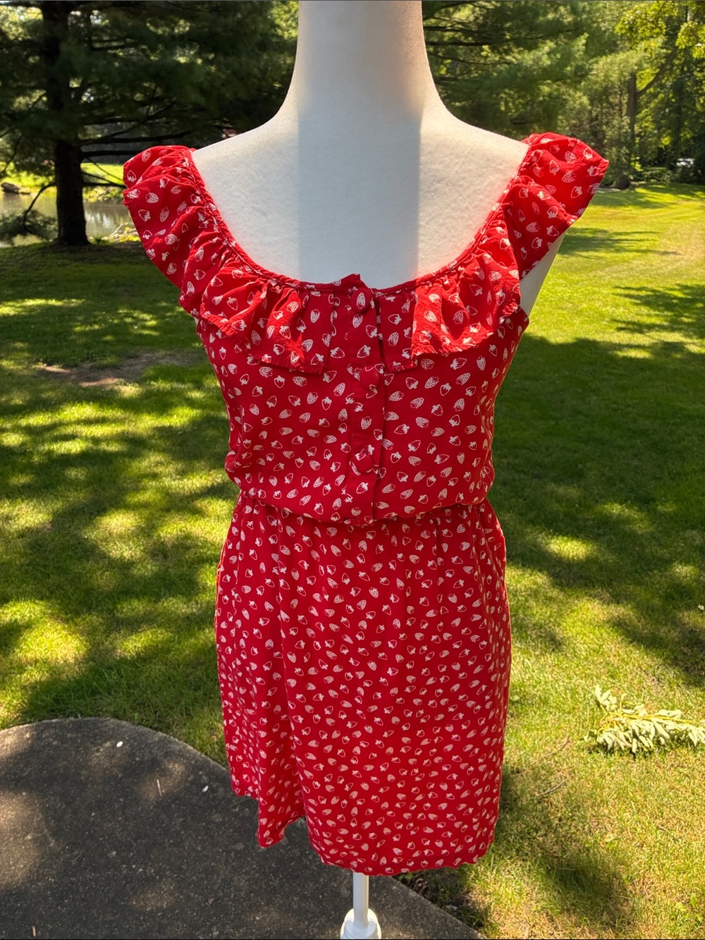 Red Ruffled Summer Dress with White Strawberry Print